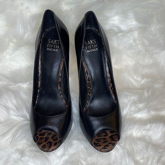 Saks Fifth Avenue Womens Black Open Toe Leopard Print Heels - Picture 1 of 8